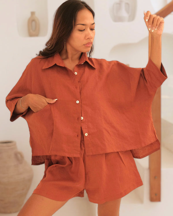 Candy Shirt + Ruffle Short 100% Linen Terracotta