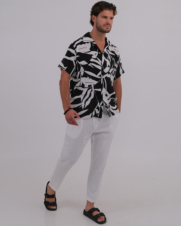 Men Shirt Short Sleeve Linen 100% Corn Leaf Black & Thomas Pant Linen 100% White