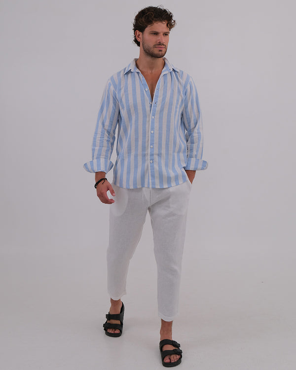 Men Shirt Collar Linen 100% Salur Blue & Thomas Pant Linen 100% White