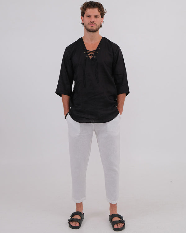 V-Neck Shirt Linen 100% Black & Thomas Pant Linen 100% White