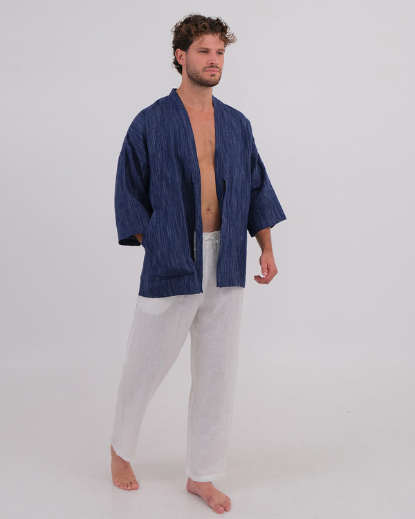 Kimono Linen 100% Navy Chambray & Long Pant Linen 100% White