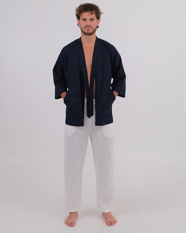 Kimono Linen 100% Navy & Long Pant Linen 100% White