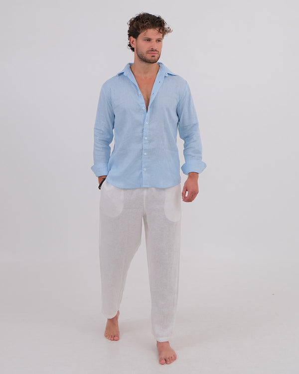 Men Shirt Collar Linen 100% Ice Blue & Long Pant Linen 100% White