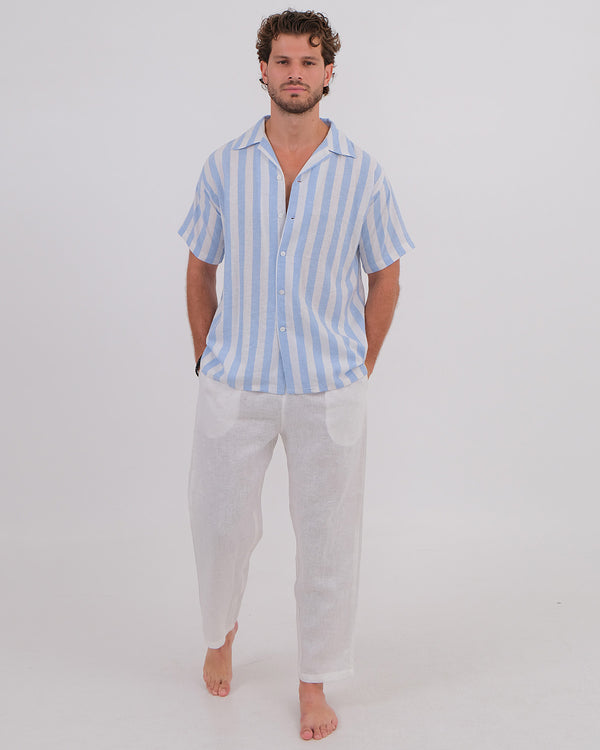 Men Shirt Short Sleeve Linen 100% Salur Blue & Long Pant Linen 100% White