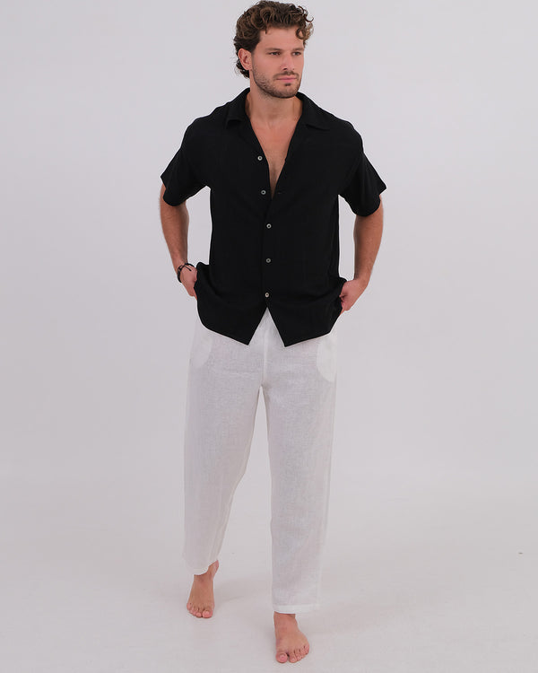 Men Shirt Short Sleeve Linen Rayon BK Black & Long Pant Linen 100% White