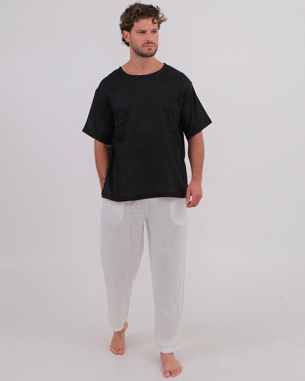 T-Shirt Linen 100% Black & Long Pant Linen 100% White