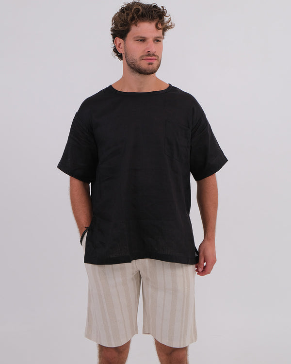 T-Shirt Linen 100% Black & Unisex Short Linen Cotton Salur Natural