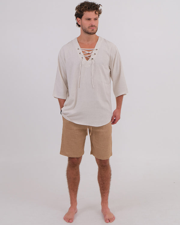 V-Neck Shirt Linen Rayon BK Natural & Unisex Short Linen 100% Brown