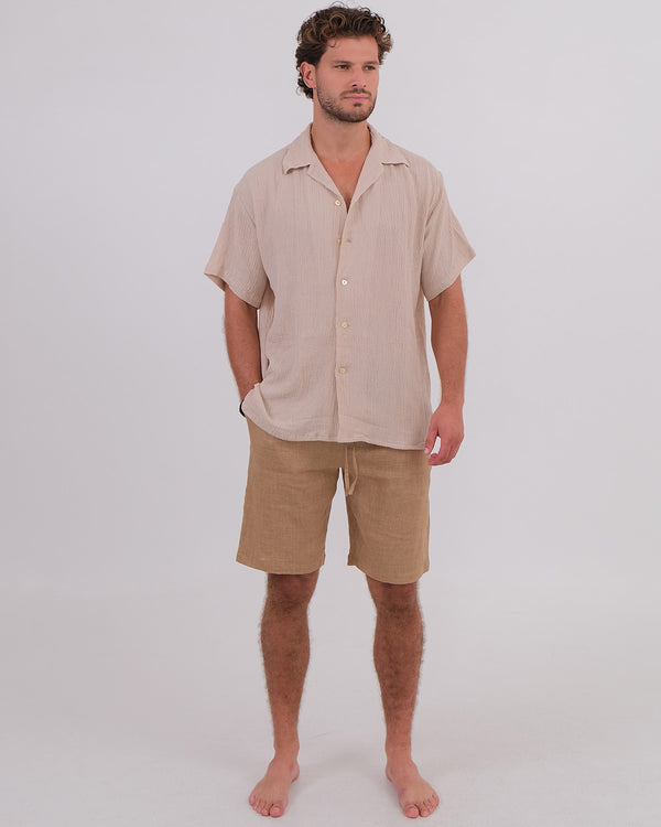 Men Shirt Short Sleeve Linen Rayon Crincle Natural & Unisex Short Linen 100% Brown