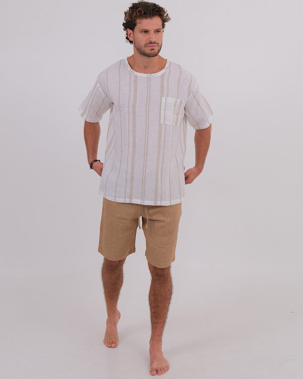 T-Shirt Linen 100% Stripes Beige & Unisex Short Linen 100% Brown