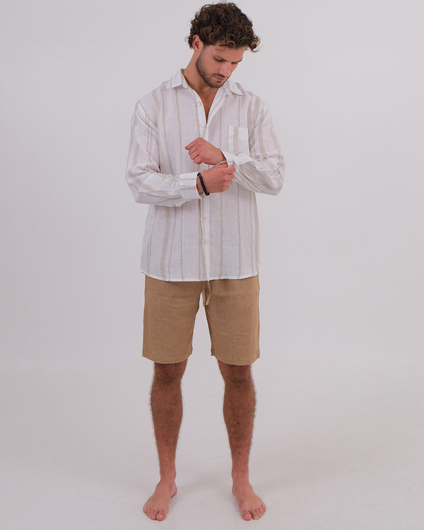 Men Shirt Collar Linen 100% Stripes Beige & Unisex Short Linen 100% Brown