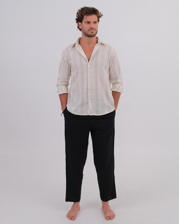 Men Shirt Collar Cotton 100% Vintage & Long Pant Linen 100% Black