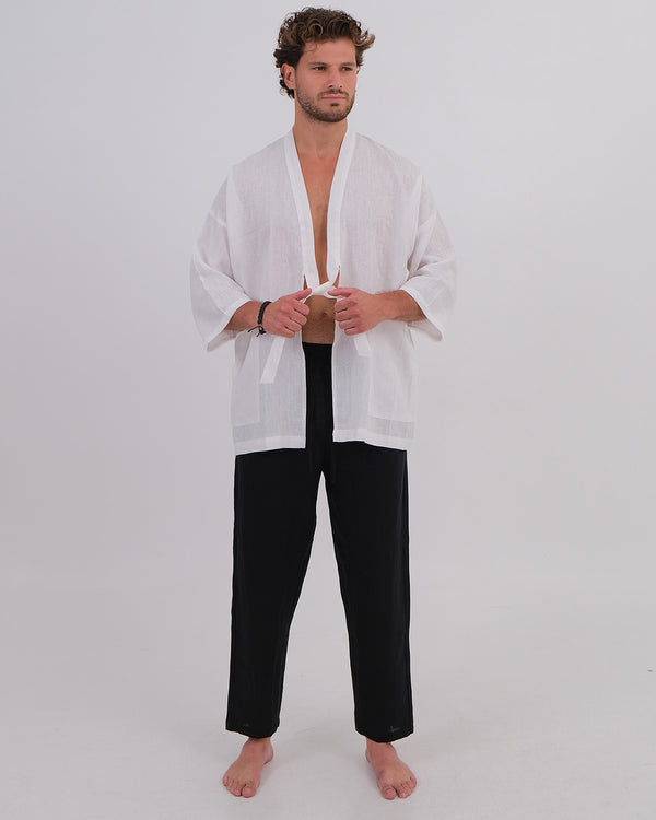 Kimono Linen 100% White & Long Pant Linen 100% Black