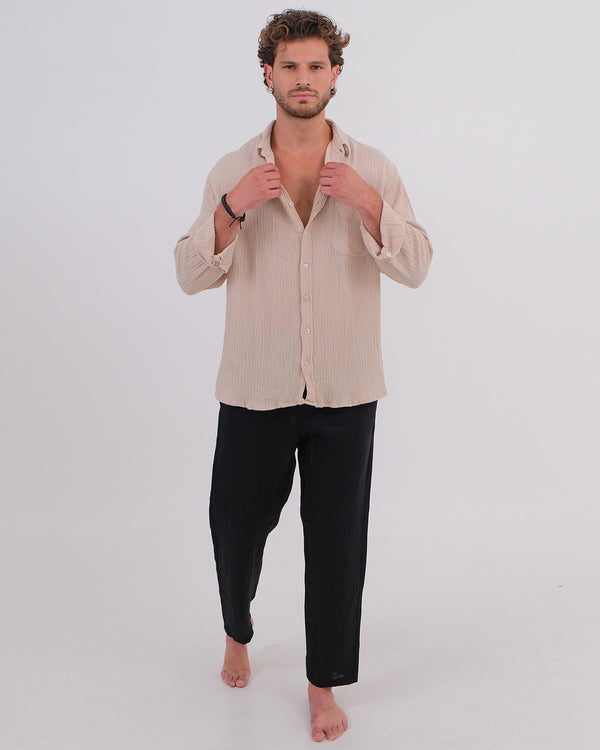 Men Shirt Collar Linen Rayon Crincle Natural & Long Pant Linen 100% Black