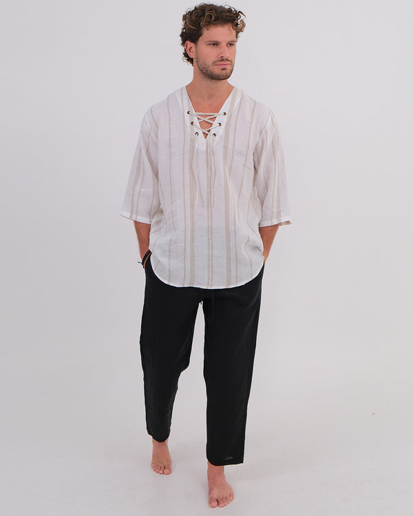 V-Neck Shirt Linen 100% Stripes Beige & Long Pant Linen 100% Black
