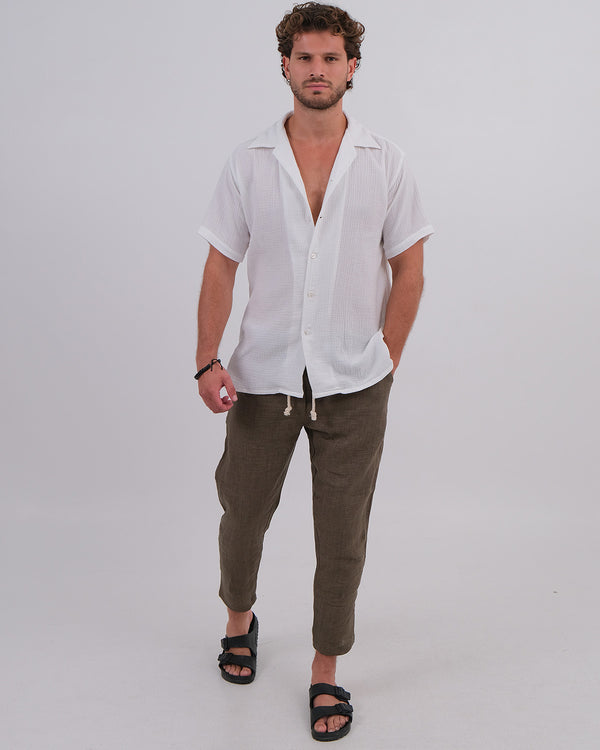 Men Shirt Short Sleeve Cotton Bubble White & Thomas Pant Linen 100% Khaki