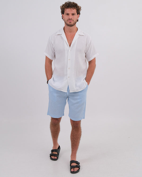 Men Shirt Short Sleeve Cotton Bubble White & Unisex Short Linen 100% Ice Blue