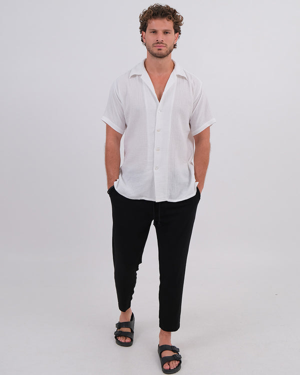 Men Shirt Short Sleeve Cotton Bubble White & Thomas Pant Linen Rayon BK Black