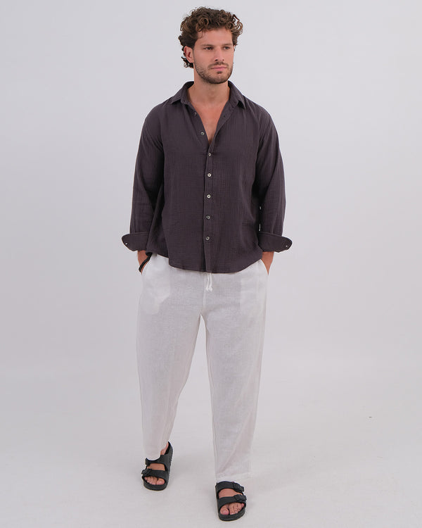 Men Shirt Collar Cotton Bubble Black & Long Pant Linen 100% White